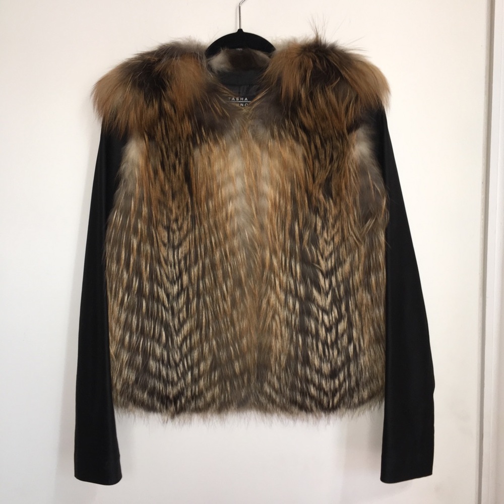 Genuine fox fur jacket with leather sleeves